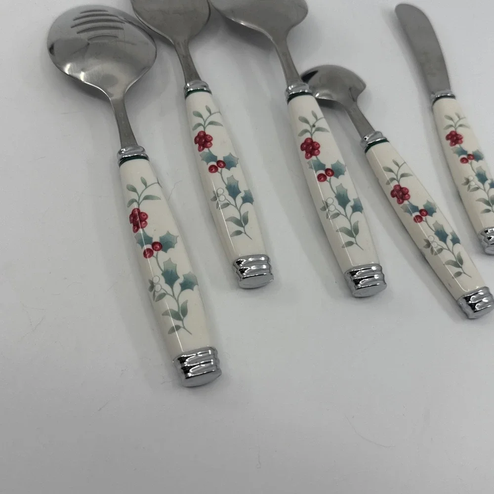 Pfaltzgraff Winterberry Hostess Serving Utensil Set 5 Pc White Handle Holly Berr